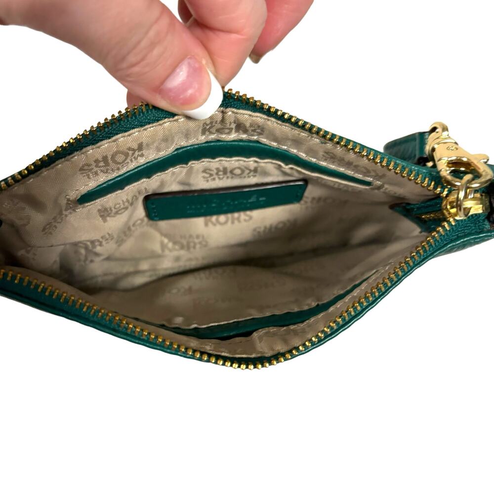 Michael Kors Fulton Leather Wristlet Deep Sea Green Pebbled Leather MK Logo - Picture 6 of 10